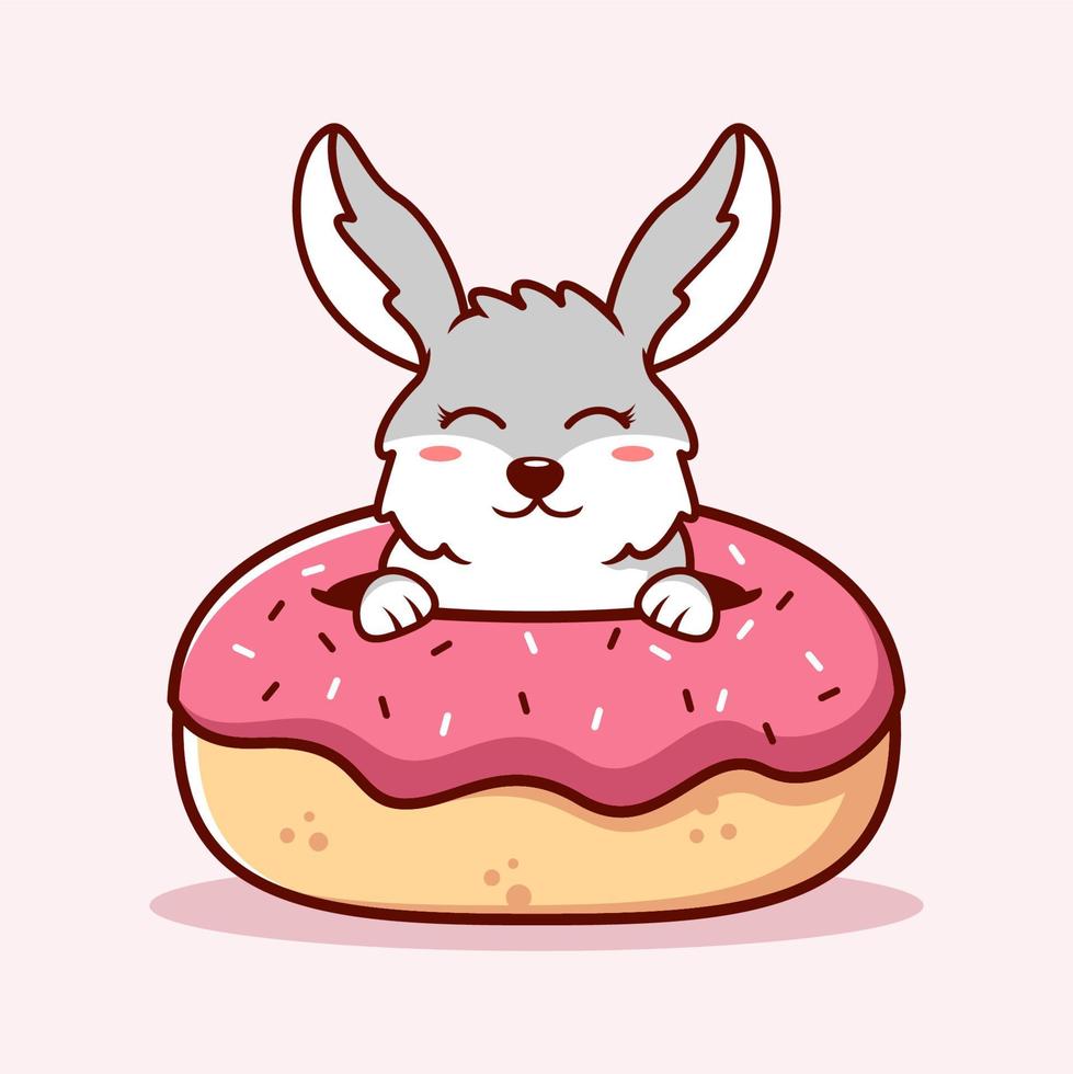 linda ilustración de conejo y donuts. estilo de dibujos animados plana animal vector