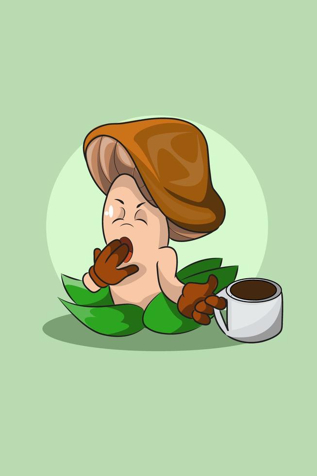 Cute mushroom with coffee character design illustration vector