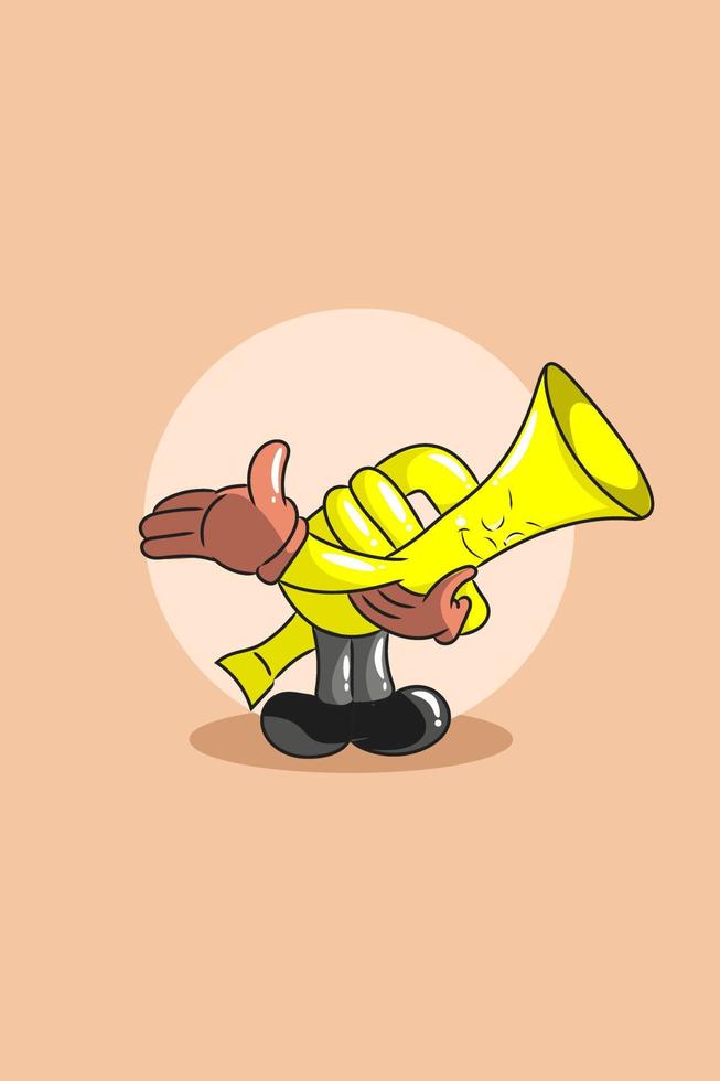 Cute cartoon trumpet with hand character design illustration vector