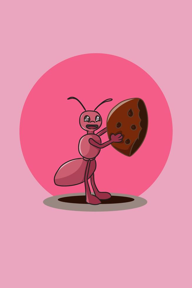 Cute ant with cake character design illustration vector