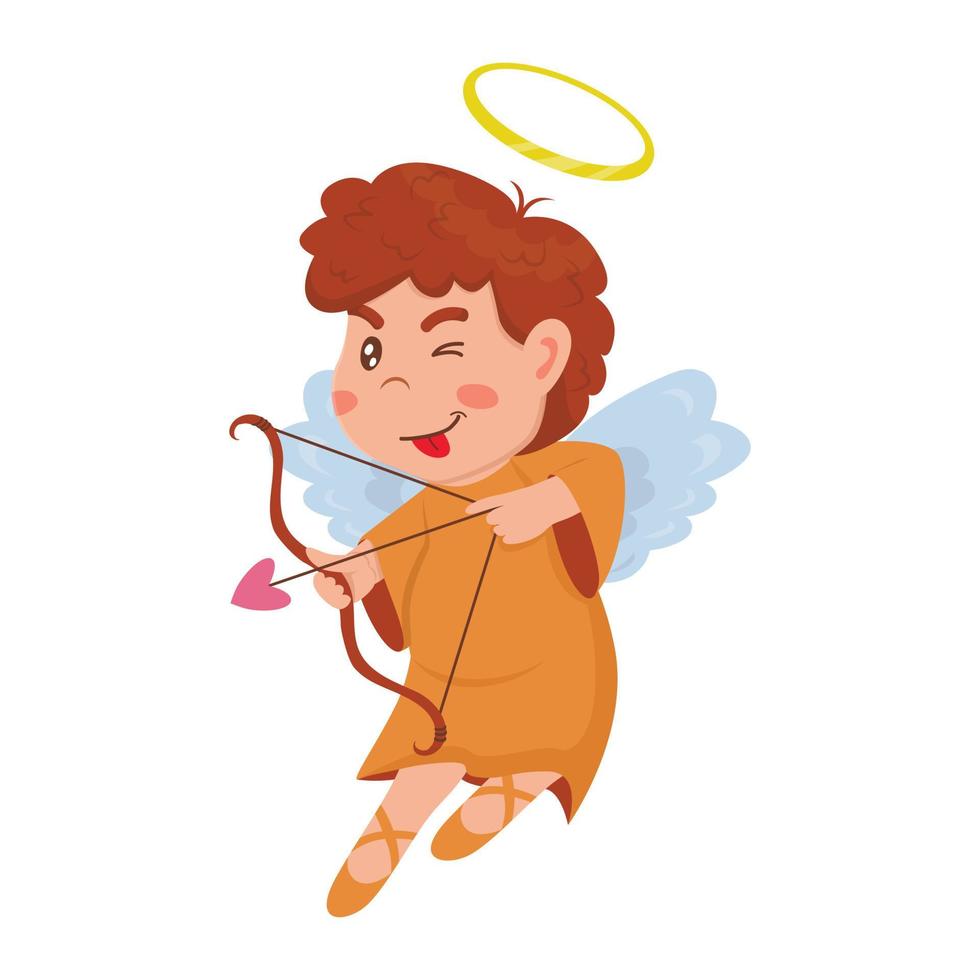 Little cute boy angel in orange dress shoots a bow in cartoon style vector