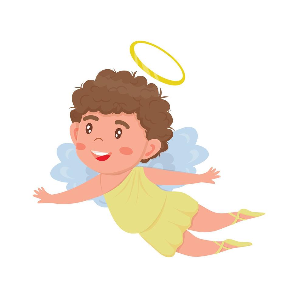 pequeño ángel de niño lindo en estilo de dibujos animados con vestido amarillo y halo dorado vector