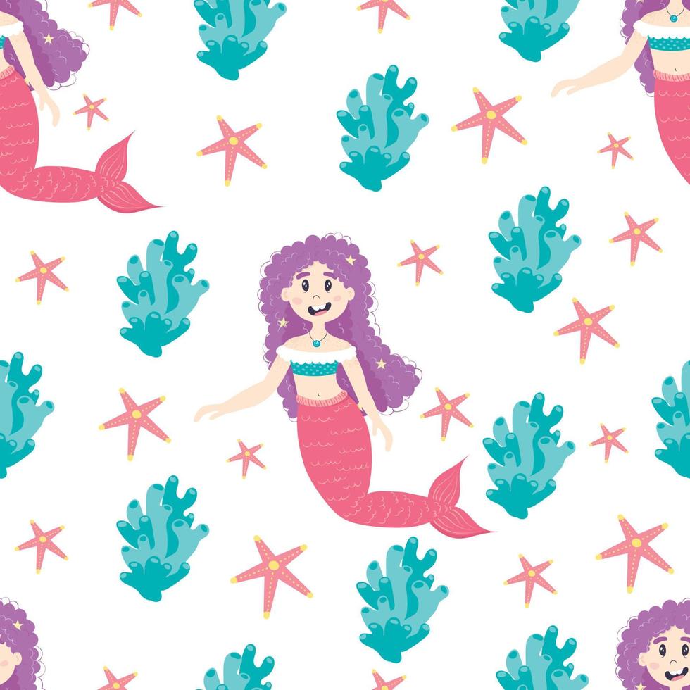 patrón impecable con sirena con algas y estrellas de mar. decoración para una habitación infantil vector