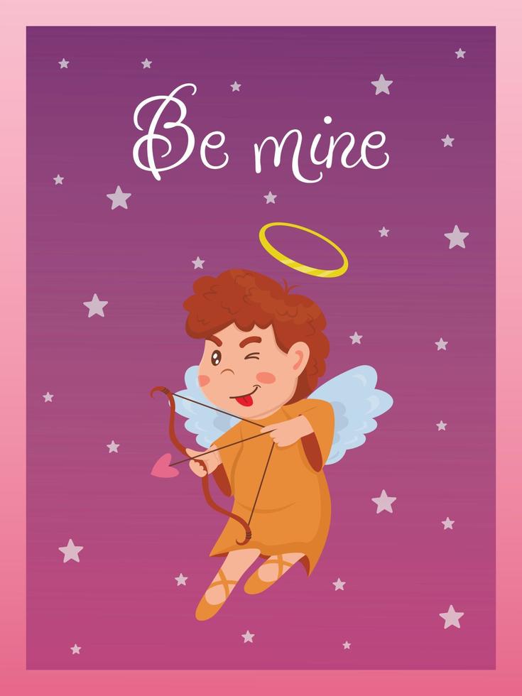 Valentine's Day card with little boy angel with onion. Relationship, love, Valentine's day, romantic concept. Vector illustration for banner, poster, postcard, postcard.