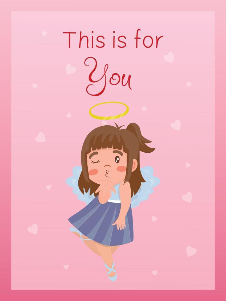 Valentine's Day card with little angel girl giving an air kiss. Relationship, love, Valentine's day, romantic concept. Vector illustration for banner, poster, postcard, postcard.