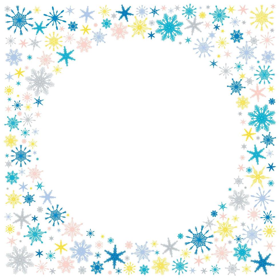 marco decorativo de invierno con copos de nieve multicolores dibujados a mano con gradiente con círculo vacío, nieve, remolino, ventisca, elementos de diseño. decoración navideña vector