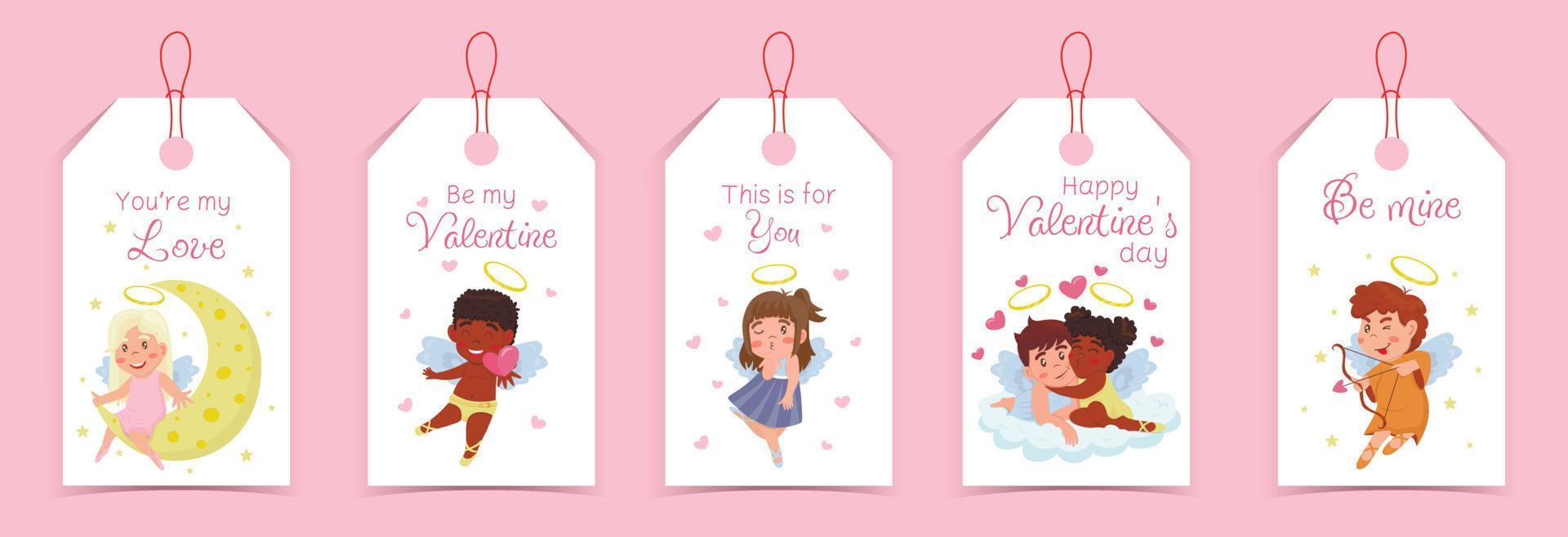 colección de etiquetas del día de san valentín con cupidos, ángeles infantiles y lindas letras aisladas en fondo blanco vector