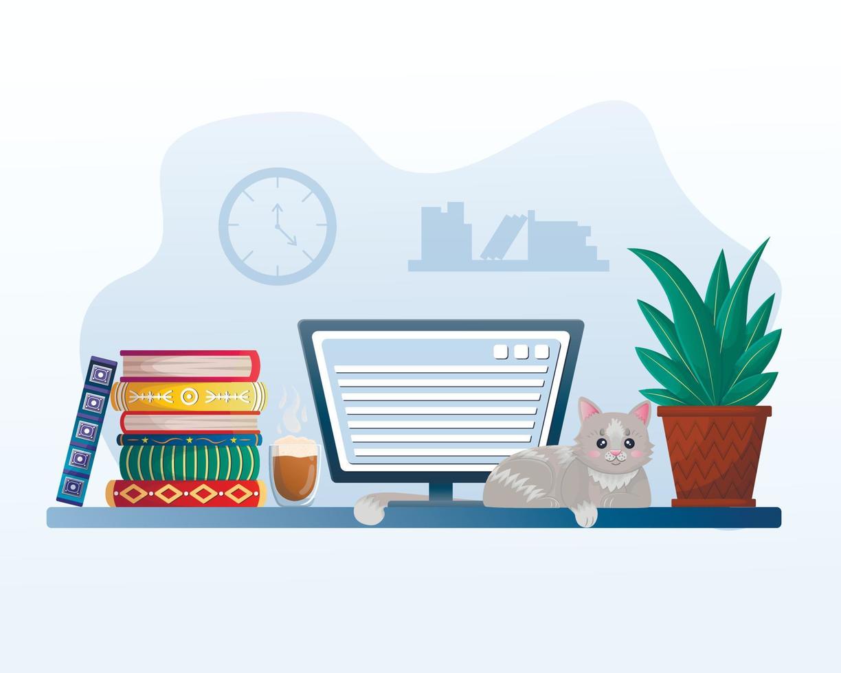 Workplace with a computer, books, a flower in a pot and a cat. Cozy work desk, home atmosphere, freelancing, work from home vector