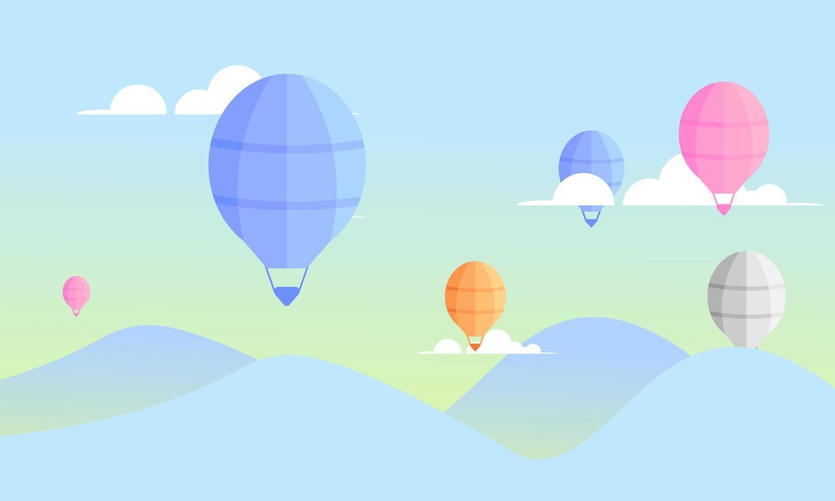 ilustración vectorial del paisaje montañoso con enérgicos fines de semana de vacaciones en globo aerostático con colores pastel brillantes vector