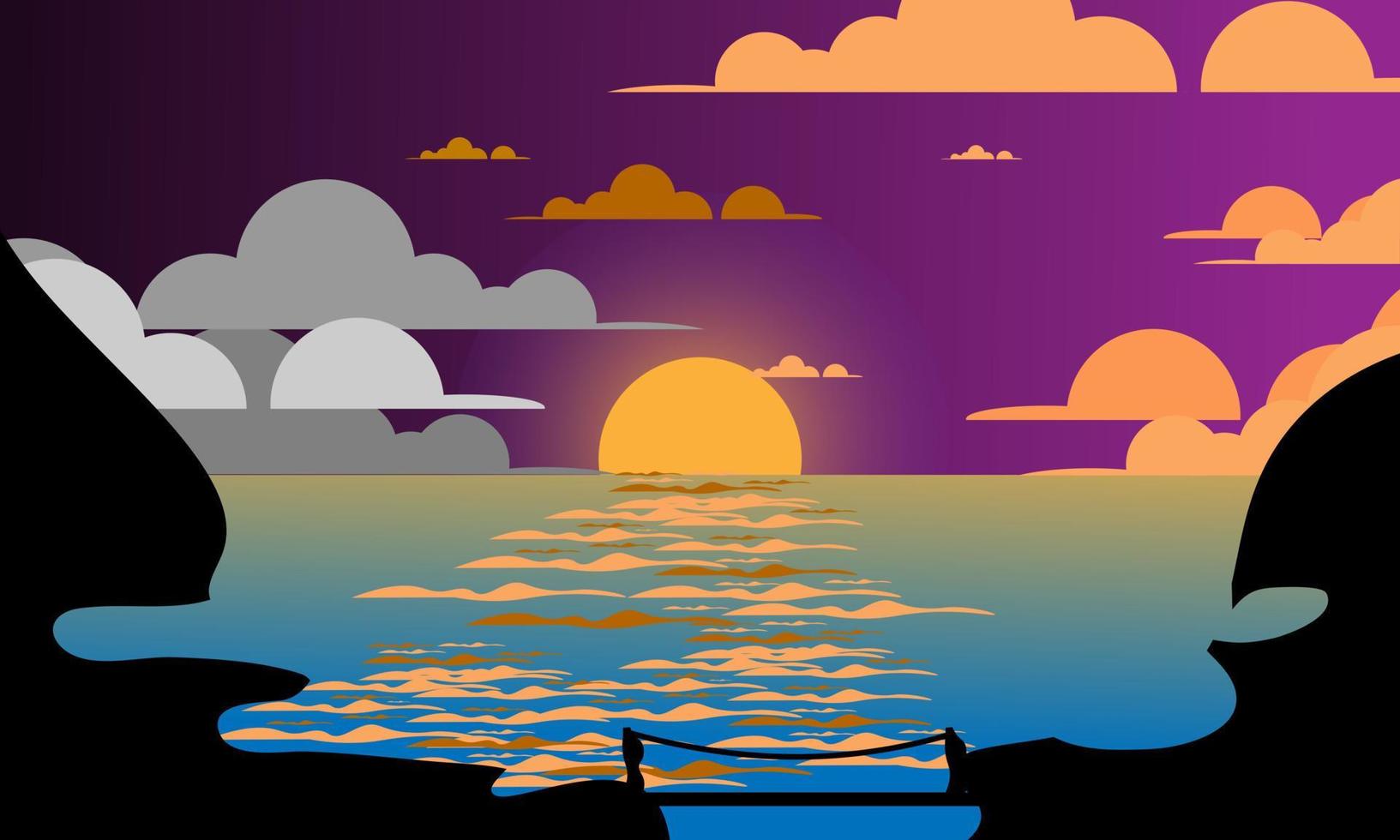 vector illustration of the ocean sunset sunset with purple and orange color