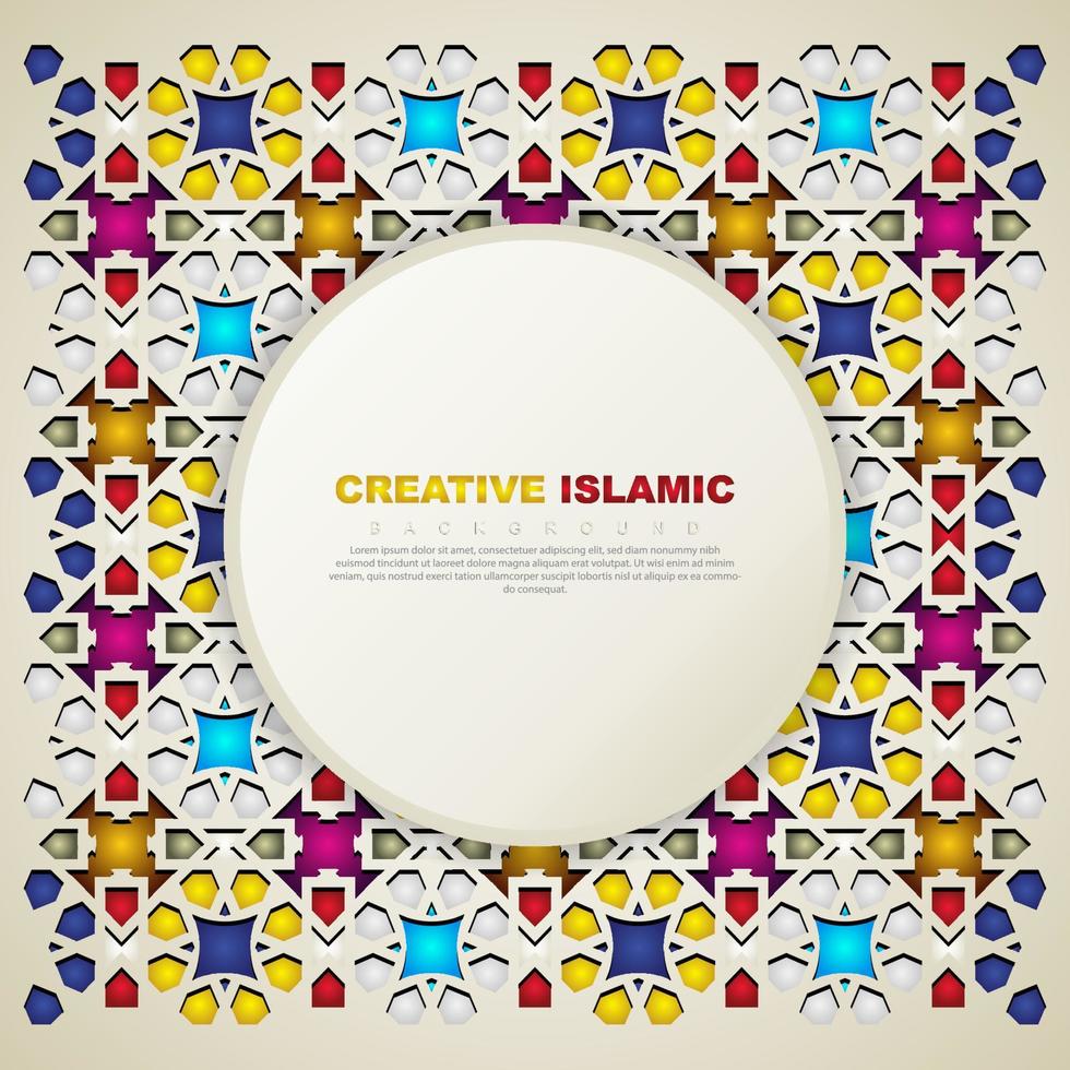 Islamic greeting card banner background with ornamental colorful detail of floral mosaic islamic art ornament vector