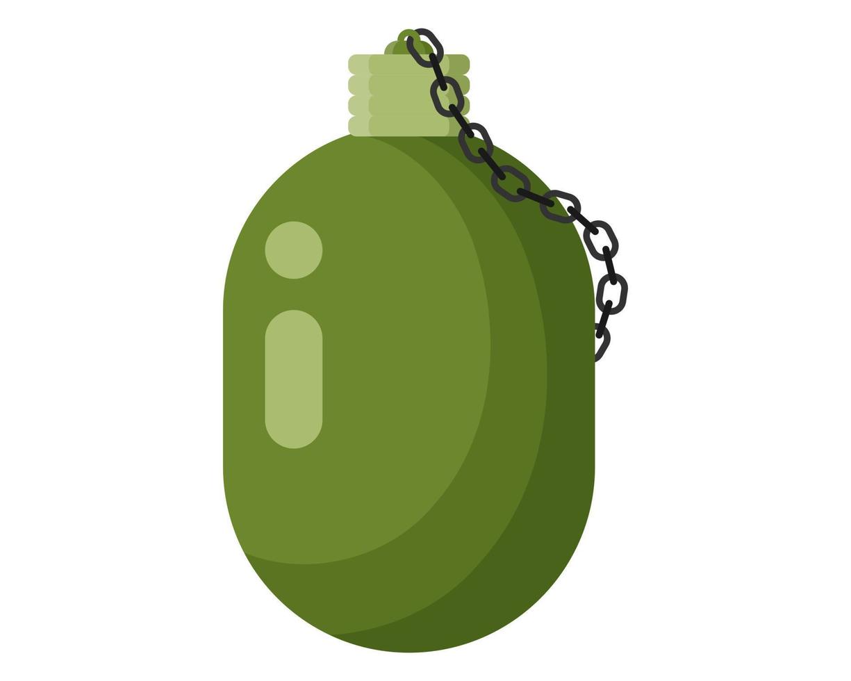 Military metal water bottle. Soldier green olive flask. Touristic equipment for camping and tourism. vector