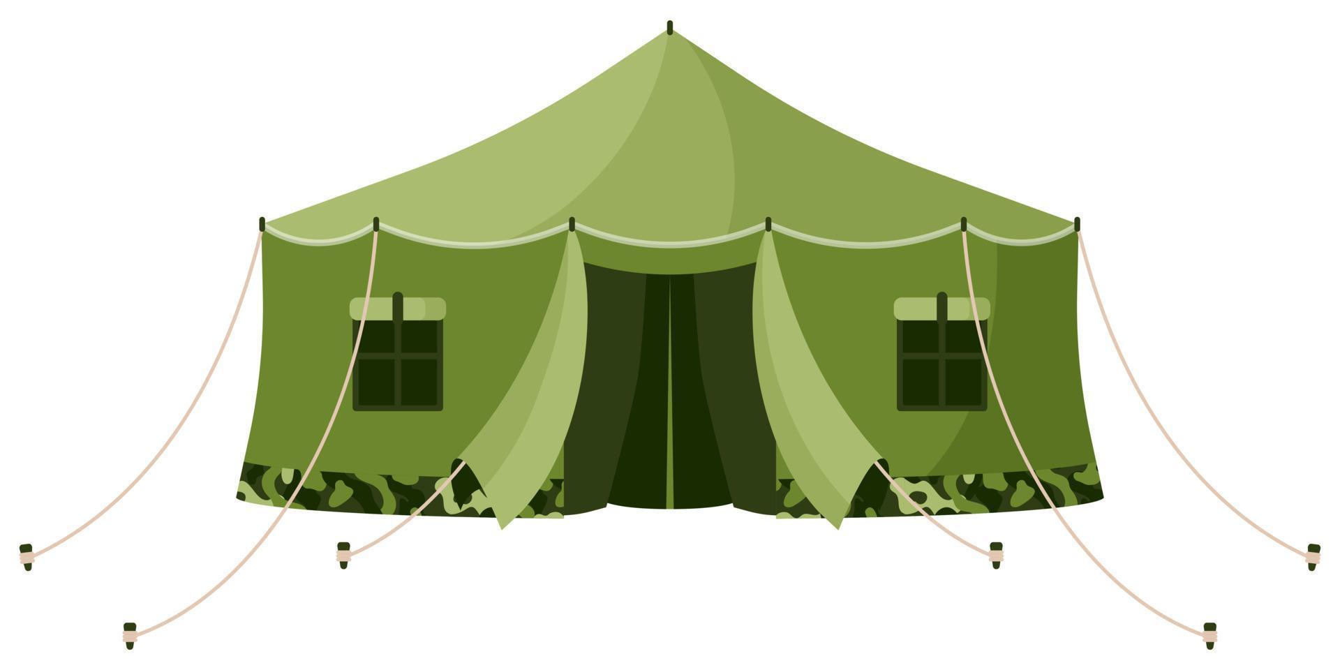 Front view of green khaki camouflage military tarpaulin tent. Touristic equipment for camping and tourism. vector