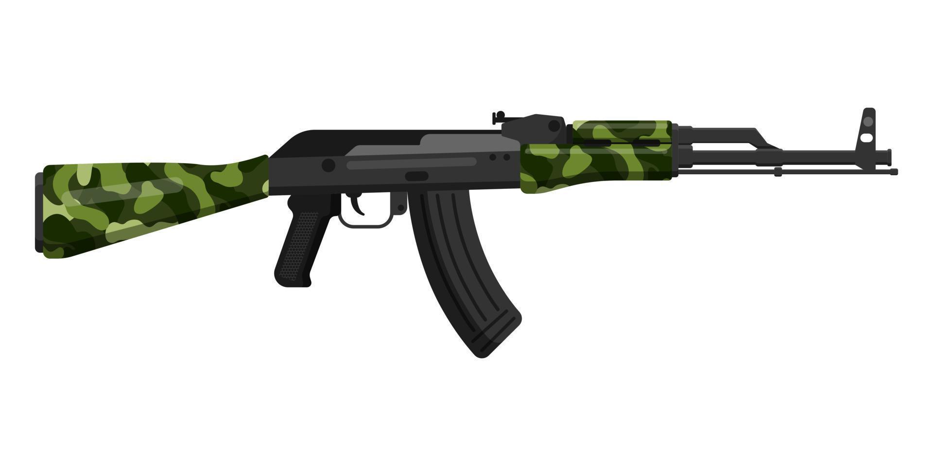 Rifle de asalto kalashnikov ak 47 de camuflaje caqui verde oliva ruso con culata. concepto de terrorismo y guerra. vector