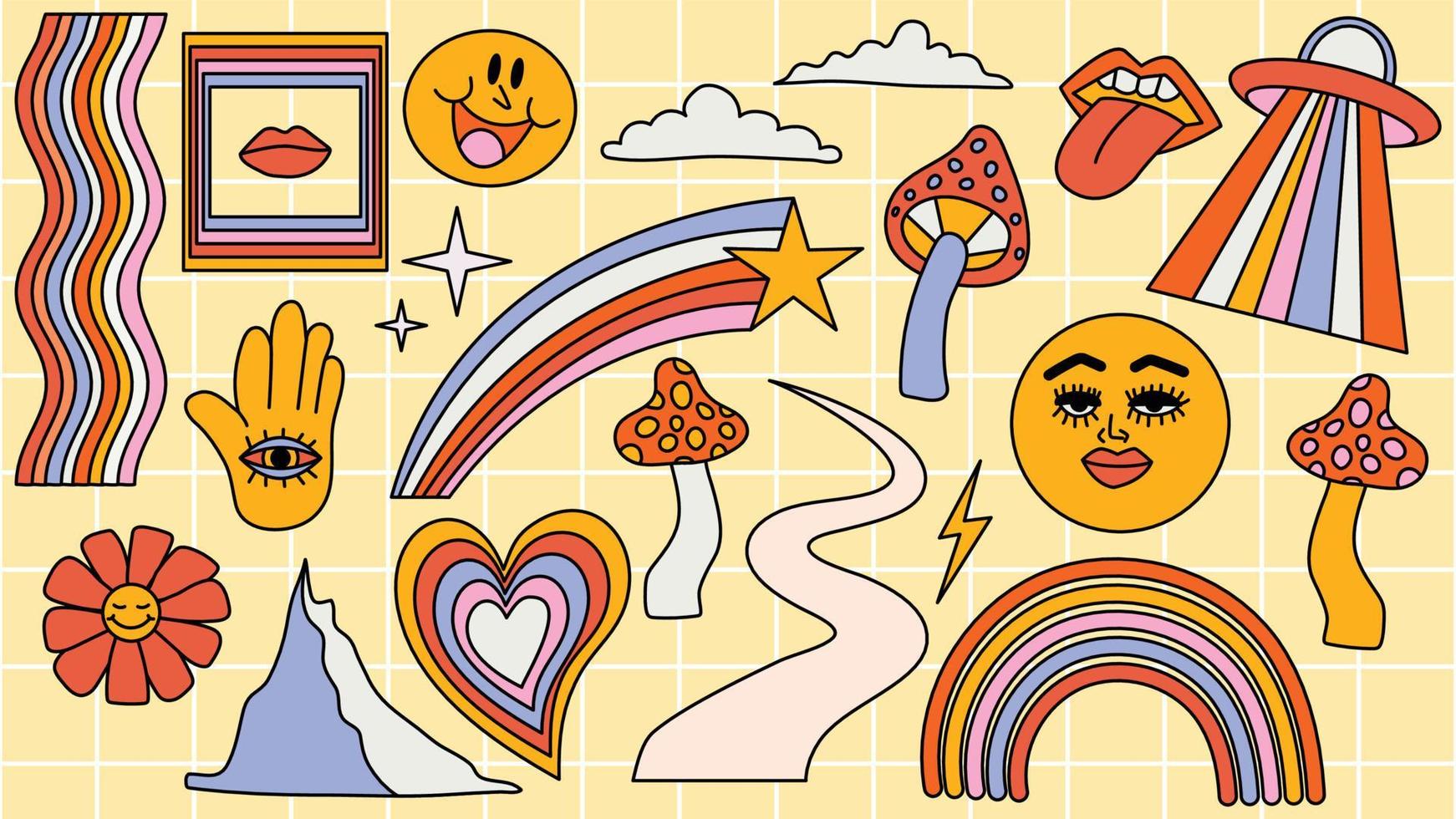 Set of hipster retro cool psychedelic elements. A collection of groovy cliparts from the 70s. editable stroke. Abstract design of cartoon stickers. Trend vector illustration.