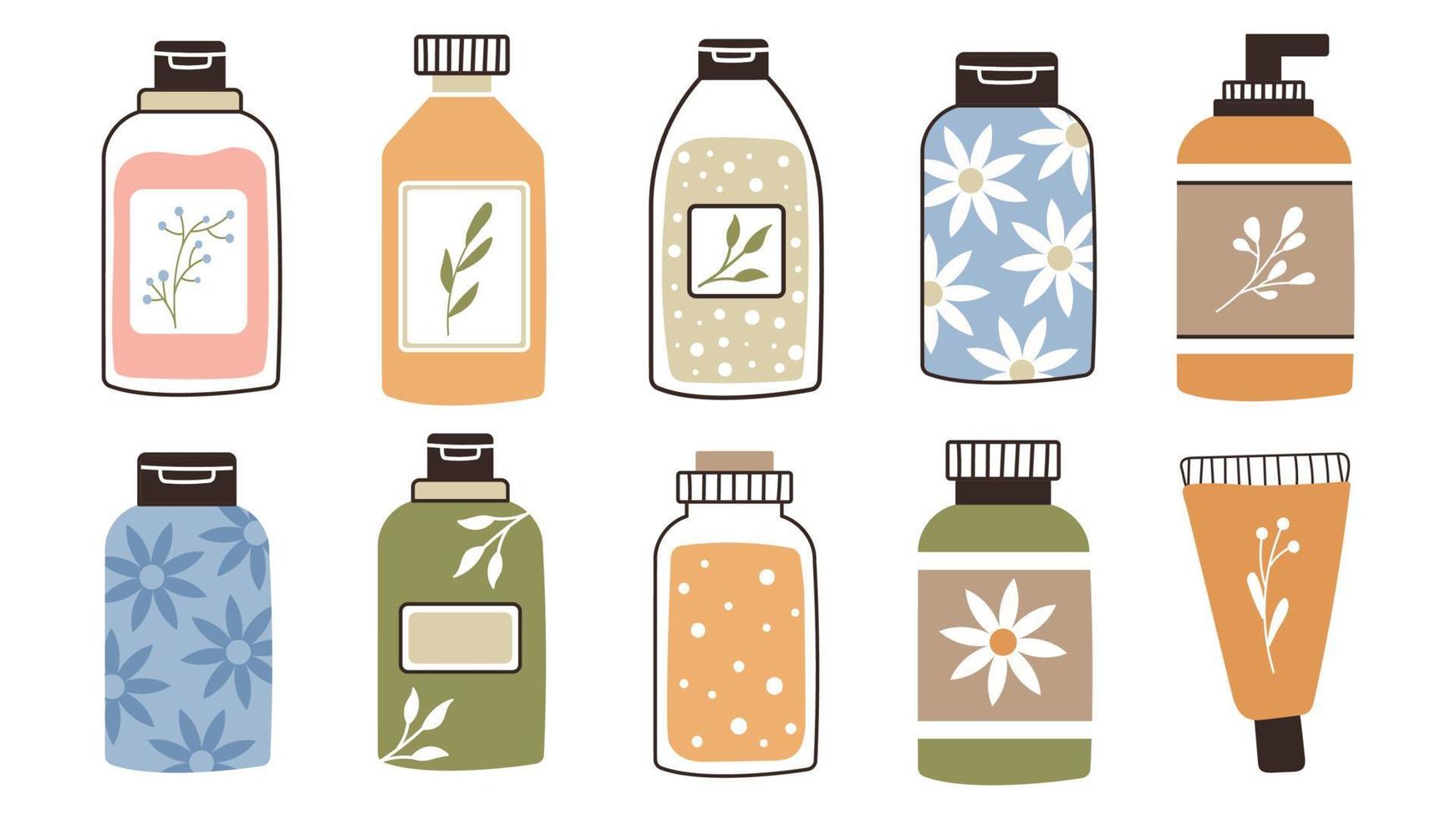 A set of bottles and tubes of cosmetics, jars for skin care with face, hair and body cream. Trendy style for postcard, banner, wrapping paper template. Vector illustration.