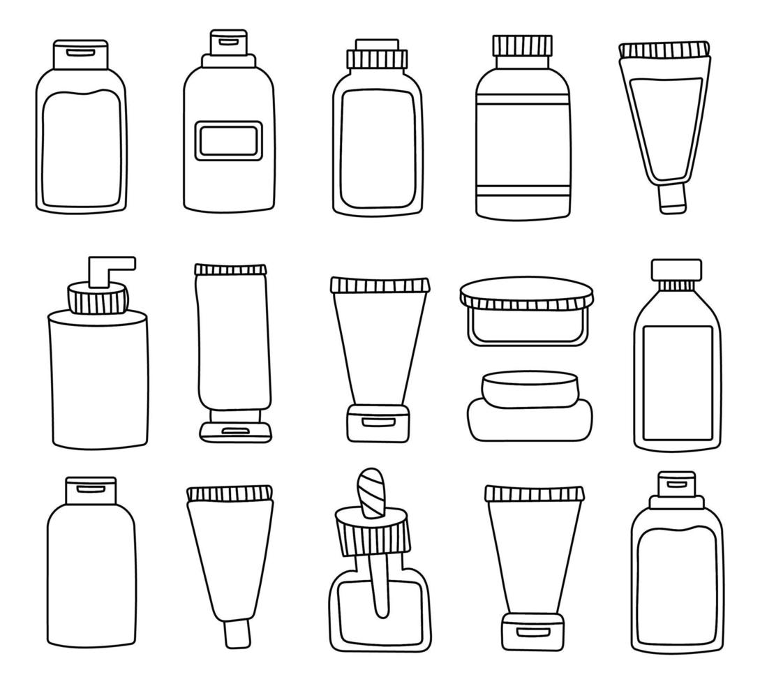 un conjunto de botellas y tubos de cosméticos, tarros para el cuidado de la piel con crema facial, capilar y corporal. estilo de moda para postal, pancarta, plantilla de papel de regalo. trazo editable de ilustración vectorial. vector