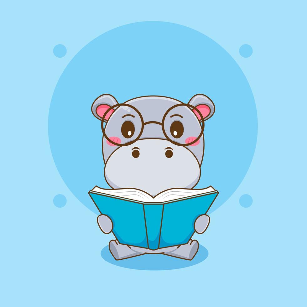 Cute Hippo cartoon character reading a book with glasses vector