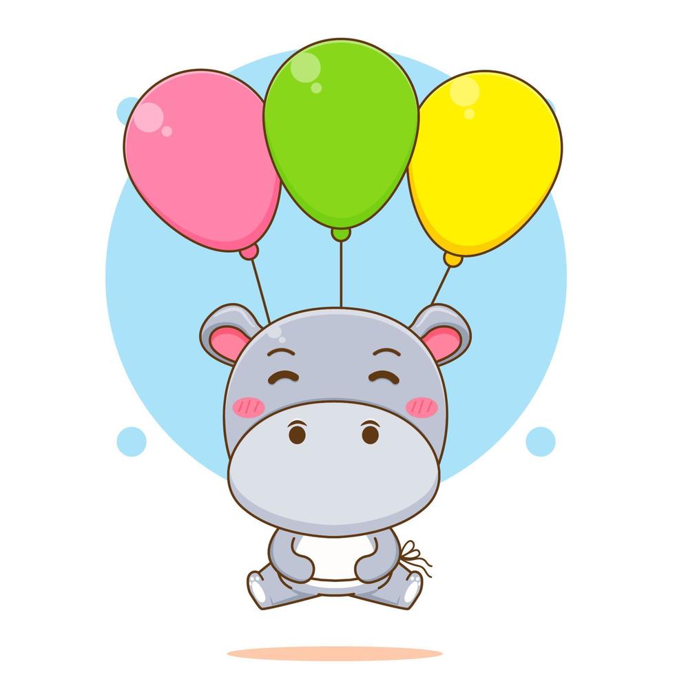 lindo personaje de dibujos animados de hipopótamo volando con globos vector