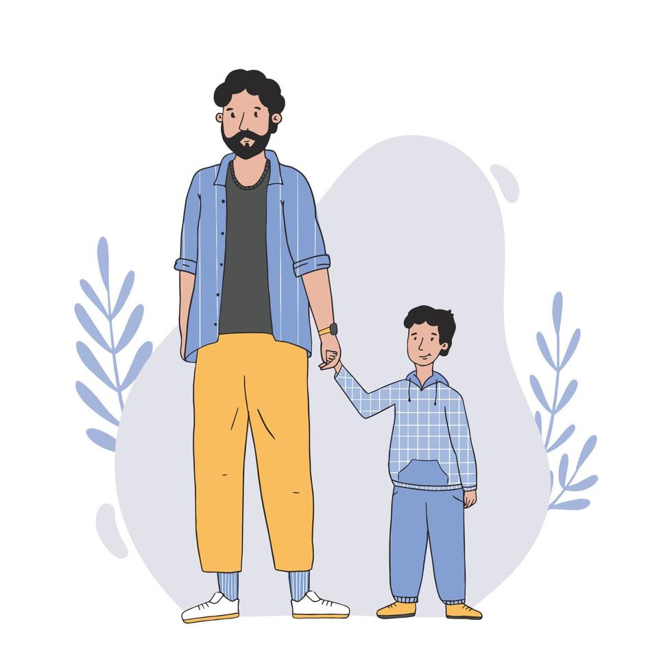 Illustration of father and son on abstract background decorated with floral elements. Parenthood, family, father's day theme. Poster, card, print design. EPS 10 vector