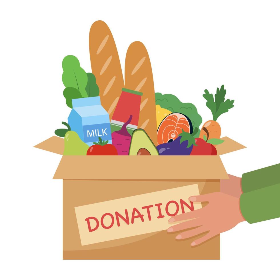 Food donation concept. Vector illustration depicting hands donating a box of food to the needy and poor people. Charity, benevolence and humanitarian help.