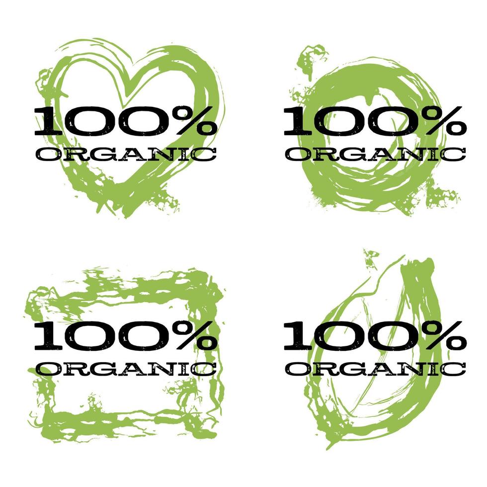 One hundred percent organic food stamp. Eco, natural, healthy and fresh label set with black text on green blot in form of heart, leaf, circle and square. Vector illustration in flat style.