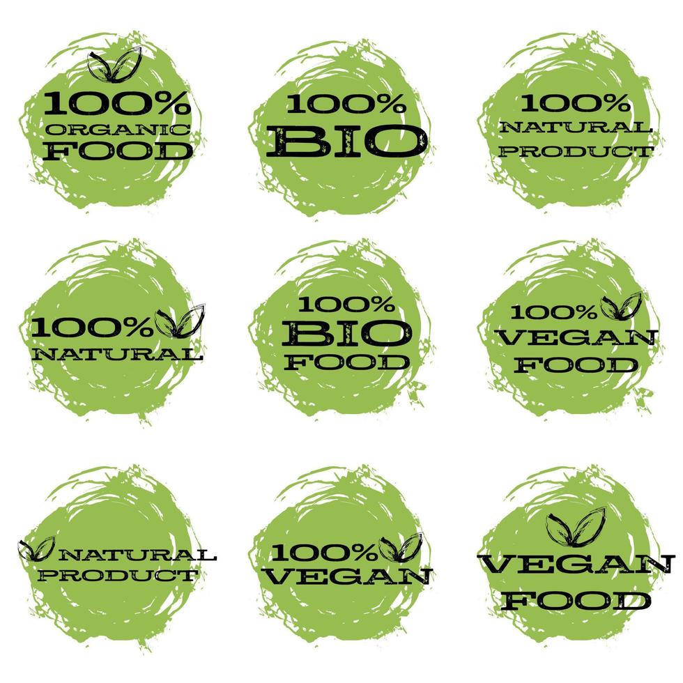 100 percent organic food, bio products, natural fruits and vegetables, vegan food stamp, badge, symbol, label or logo. Vector illustration in flat style.