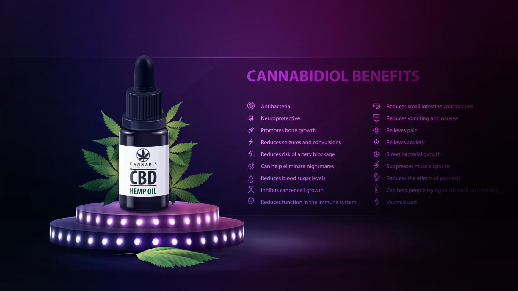 Cannabidiol Benefits, poster with cannabidiol benefits with icons, CBD oil bottle on podium with bulbs in empty purple scene vector