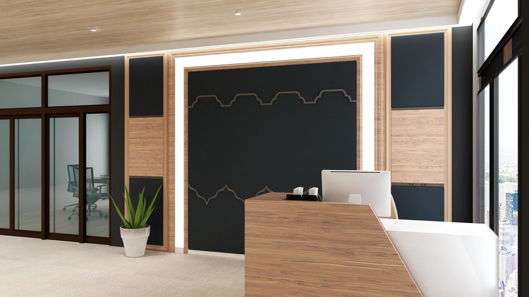 3D Rendering wooden Reception Room or Front Desk Mockup photo