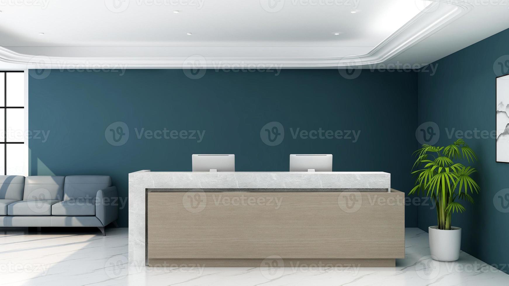 3D Rendering Futuristic Reception Room or Front Desk Mockup photo