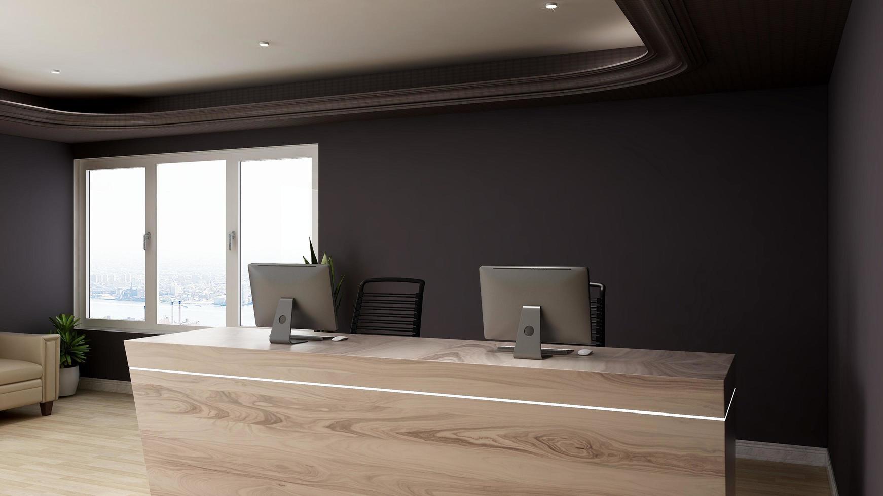 3D Rendering Futuristic Reception Room or Front Desk Mockup photo