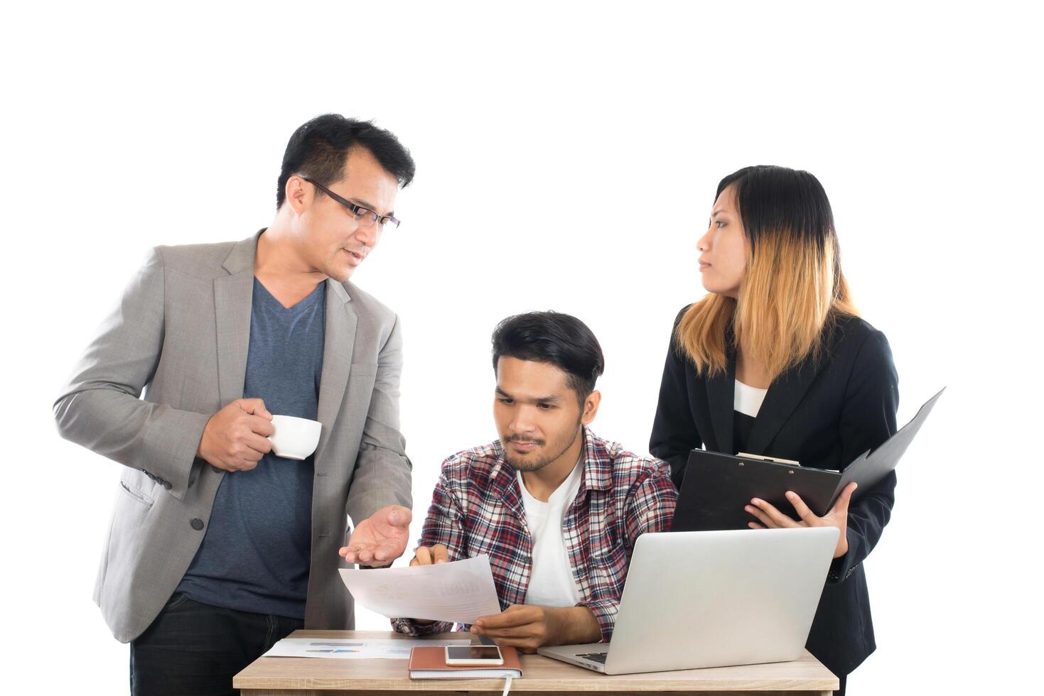 Portrait of business partners discussing documents and ideas at meeting in office isolated on white background. photo