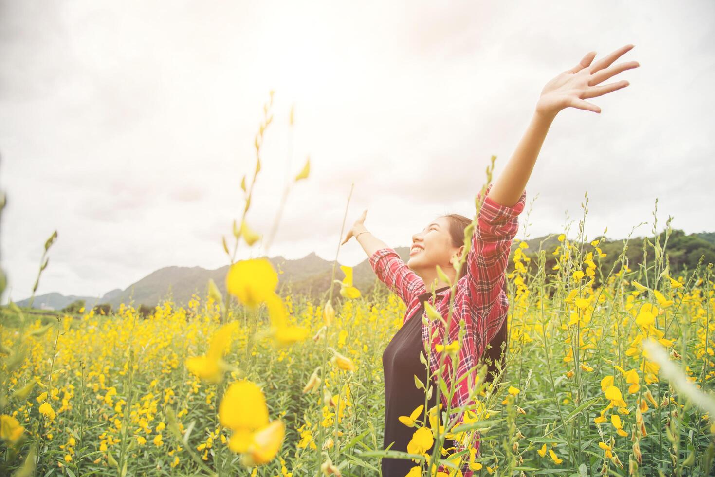 joven hermosa mujer de pie en el disfrute del campo de flores. foto