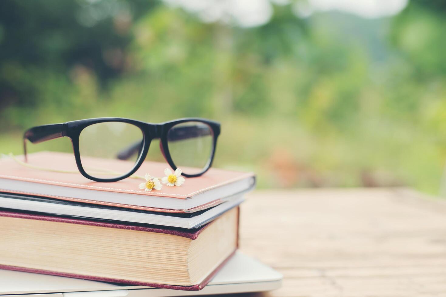Book and eye glasses for read and write over blurred nature outdoor background. photo
