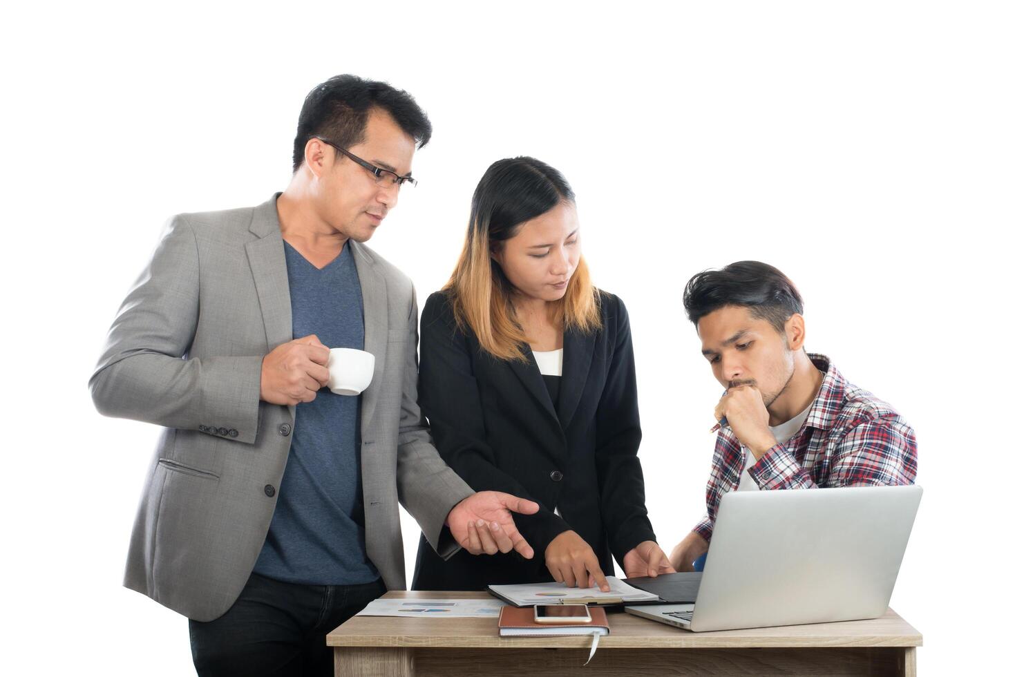 Portrait of business partners discussing documents and ideas at meeting in office isolated on white background. photo
