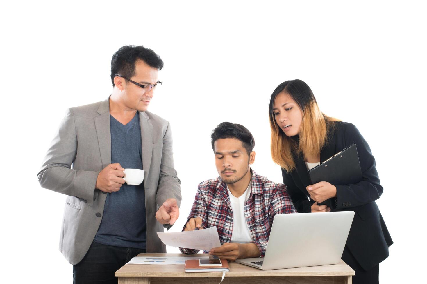 Portrait of business partners discussing documents and ideas at meeting in office isolated on white background. photo