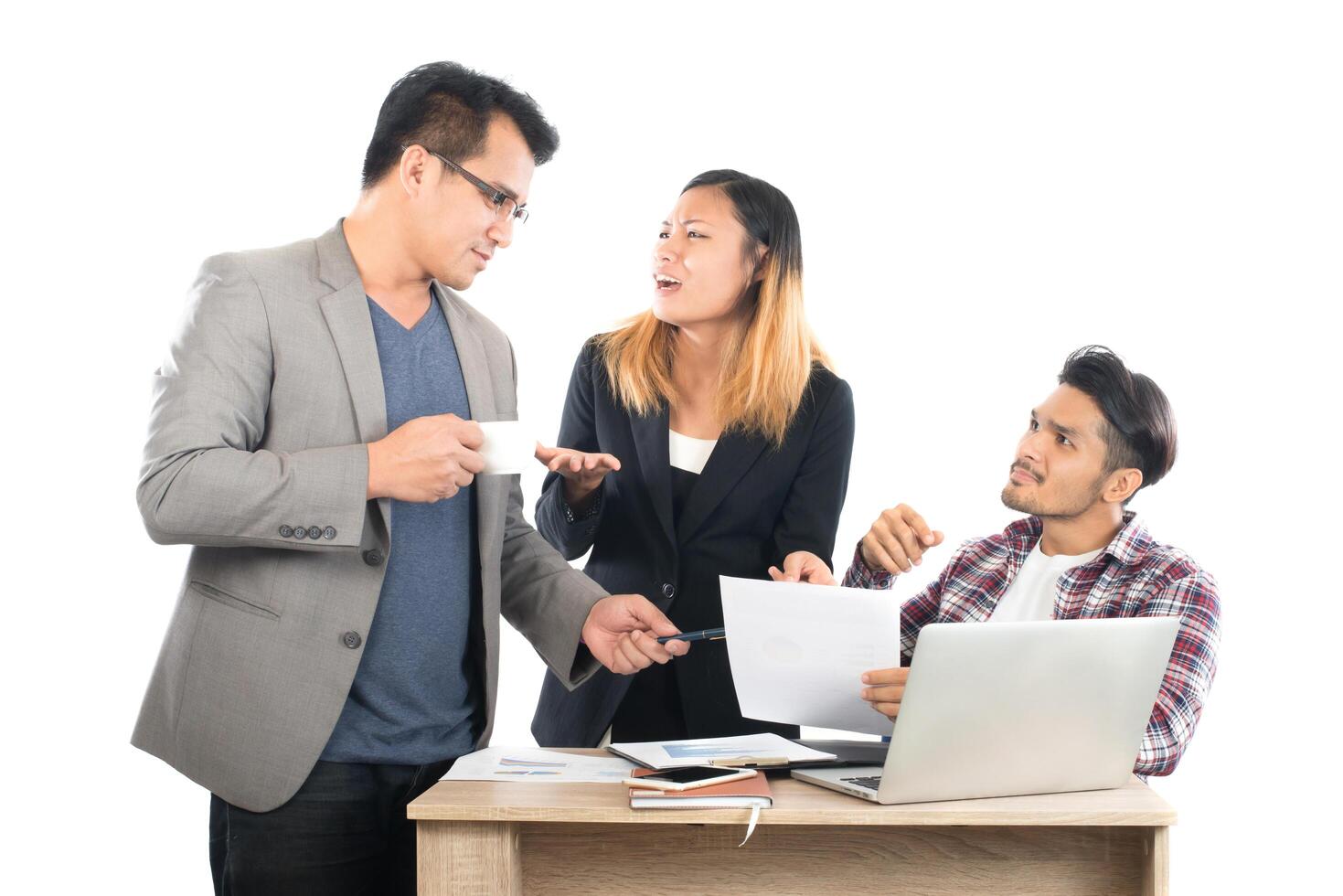 Portrait of business partners discussing documents and ideas at meeting in office isolated on white background. photo