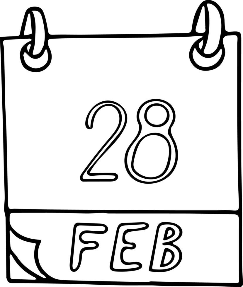 calendario dibujado a mano en estilo garabato. 28 de febrero. día, fecha. icono, elemento adhesivo para el diseño. planificación, vacaciones de negocios vector