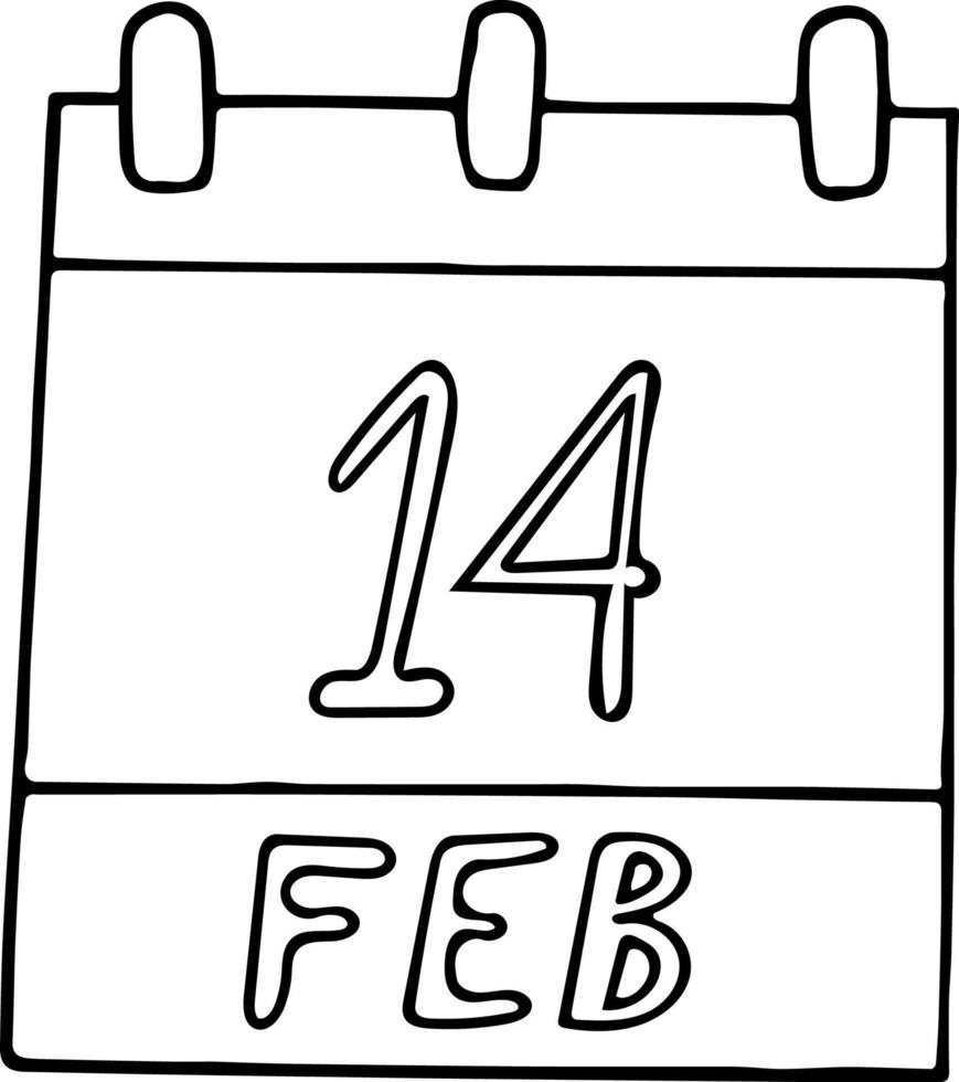 calendario dibujado a mano en estilo garabato. 14 de febrero. día de san valentín, entrega internacional de libros, fecha. icono, elemento adhesivo para el diseño. planificación, vacaciones de negocios vector