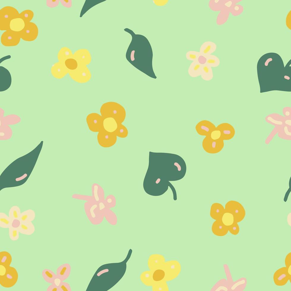 flowers, leaves and doodle dashes seamless pattern in trending color 2021. hand drawn minimalism simple. wallpaper, textiles, wrapping paper. gold, yellow, green. child vector