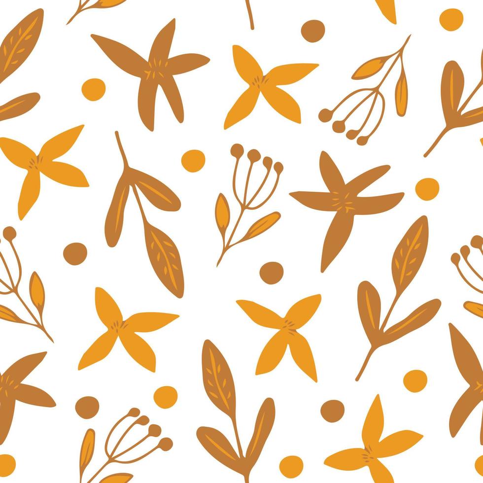 flores, hojas de patrones sin fisuras. garabato dibujado a mano minimalismo simple. papel pintado, textiles, papel de regalo. marrón, amarillo otoño otoño vector