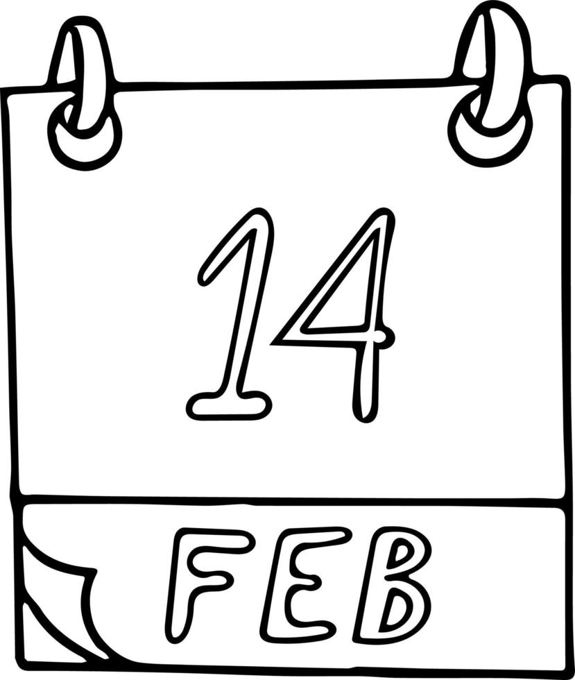 calendario dibujado a mano en estilo garabato. 14 de febrero. día de san valentín, entrega internacional de libros, fecha. icono, elemento adhesivo para el diseño. planificación, vacaciones de negocios vector