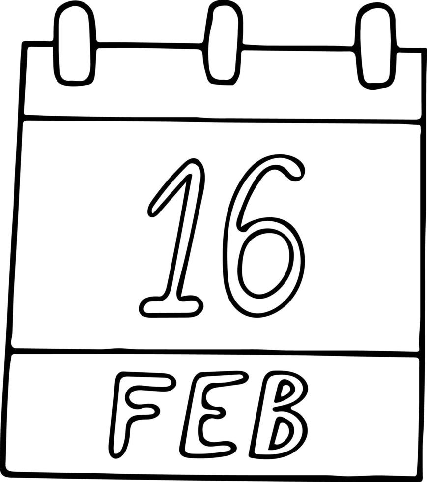calendario dibujado a mano en estilo garabato. 16 de febrero. día internacional del panqueque, fecha. icono, elemento adhesivo para el diseño. planificación, vacaciones de negocios vector