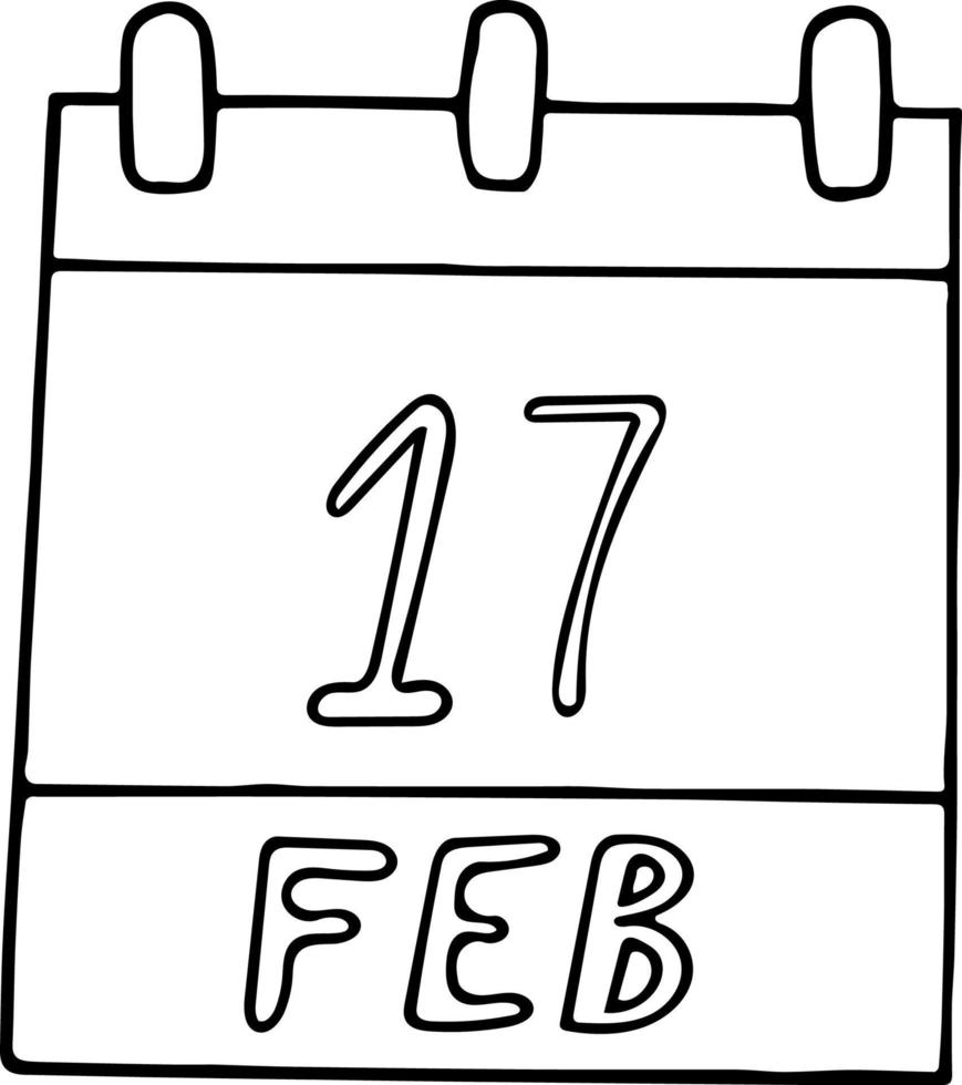 calendario dibujado a mano en estilo garabato. 17 de febrero. día de actos de bondad al azar, fecha. icono, elemento adhesivo para el diseño. planificación, vacaciones de negocios vector