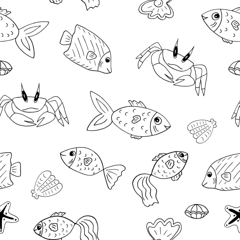 pescado, cangrejo, concha, garabato dibujado a mano de patrones sin fisuras de estrellas de mar. , minimalismo, escandinavo, monocromo, nórdico. vida marina mar océano papel pintado textil fondo papel de regalo vector