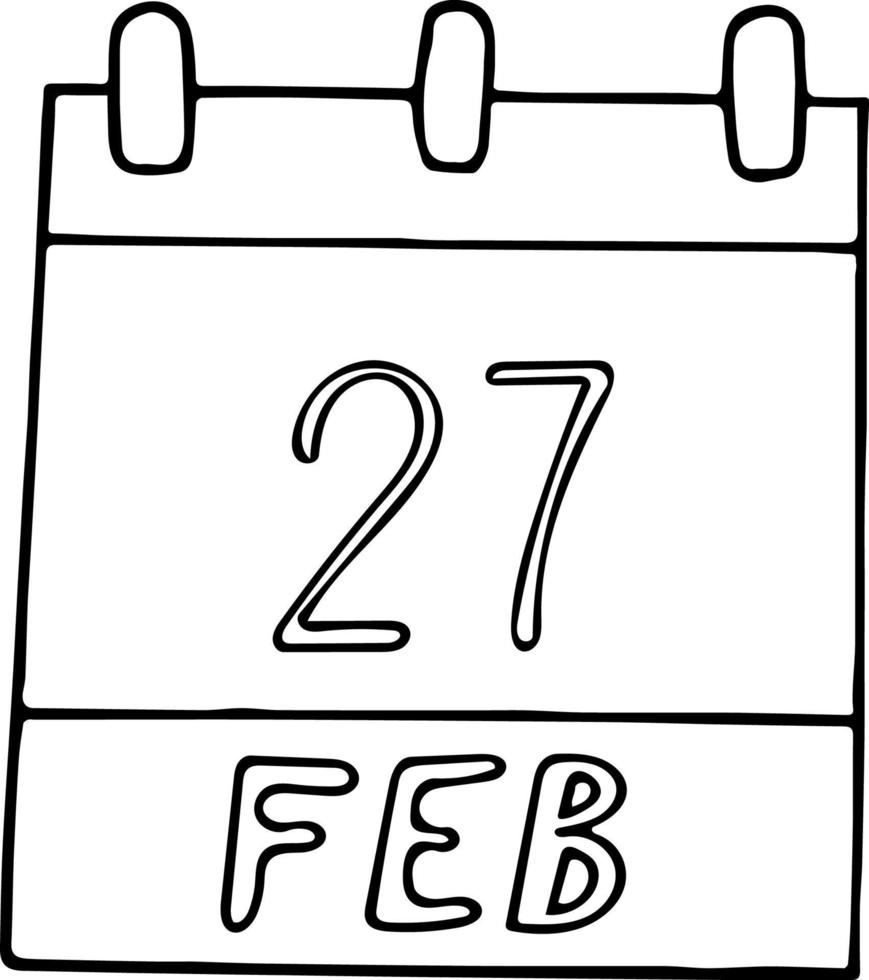 calendario dibujado a mano en estilo garabato. 27 de febrero. día internacional del oso polar, fecha. icono, elemento adhesivo para el diseño. planificación, vacaciones de negocios vector