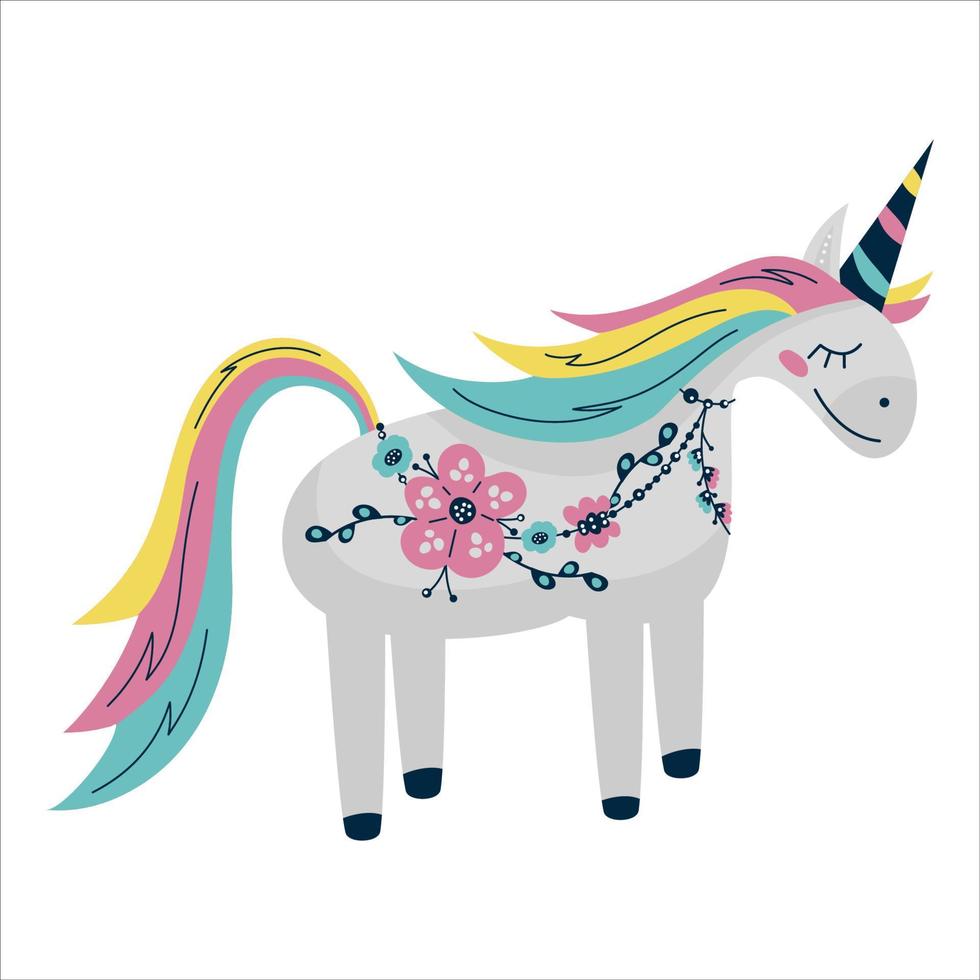 unicornio escandinavo con cuerno de arco iris aislado sobre fondo blanco.lindo caballo estilo plano de pie sonriente ornamento floral mano vector ilustración.