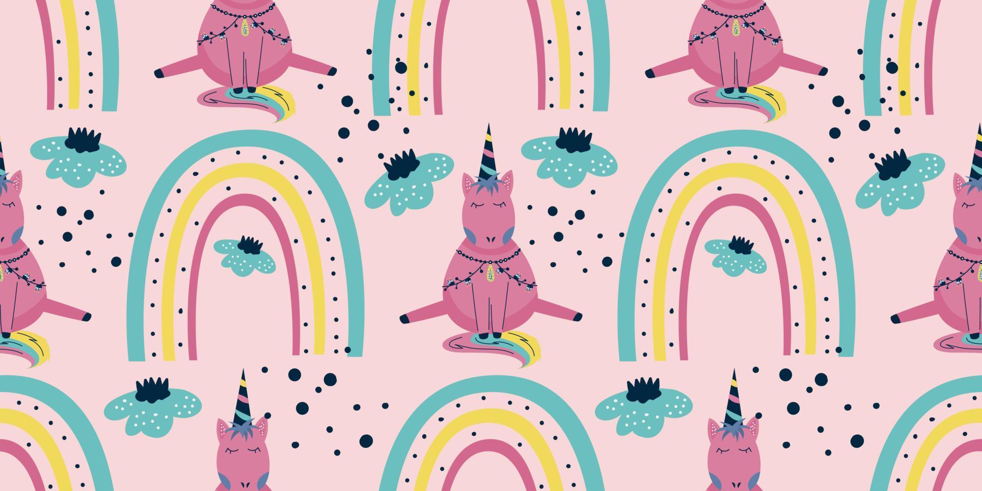 Scandinavian unicorn seamless pattern with rainbow and flower. A pink horse with a horn sits on a dark background.Children's textile with a bright rainbow vector