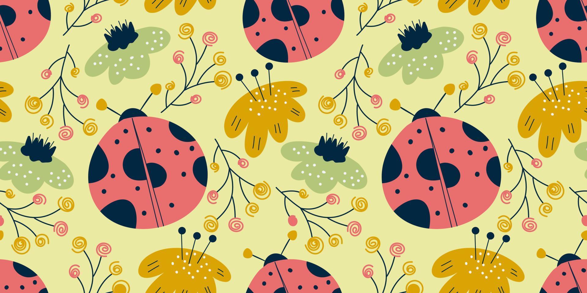 Seamless pattern ladybird and flower in scandinavian style. Nordic spring for kids textile. Summer floral scandinavian nursery print design. Ladybug with branch. vector