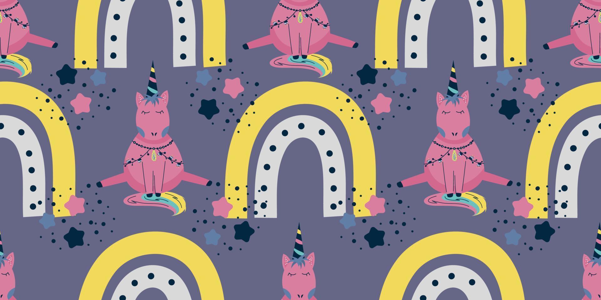 Scandinavian unicorn seamless pattern with rainbow and star. A pink horse with a horn sits on a dark background.Children's textile with a bright rainbow. vector